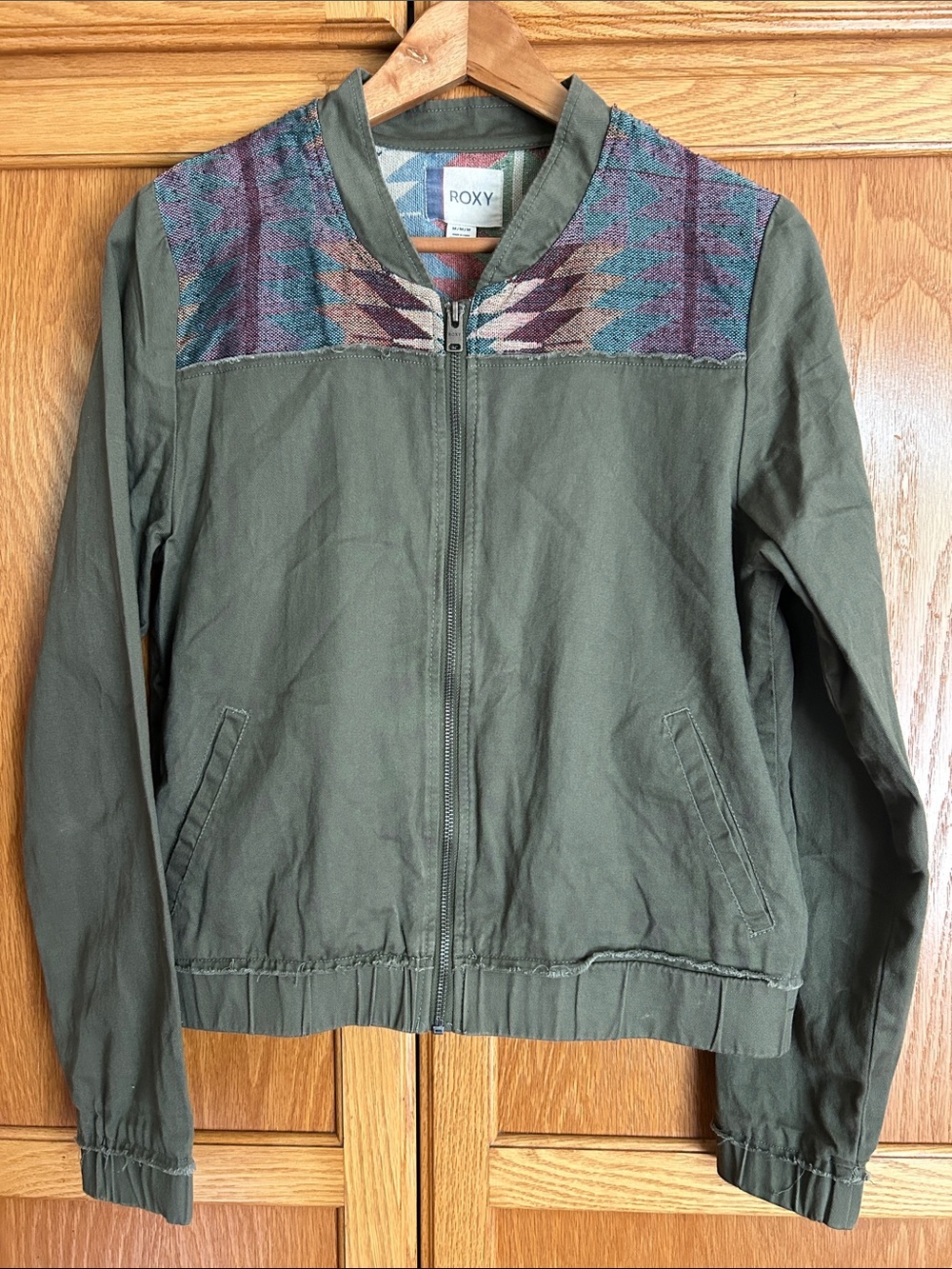 Roxy Olive Green Bomber Jacket with Aztec Yoke